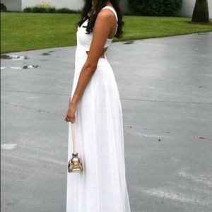 BCBGMaxazria white tulle floor gown w/ back cutout